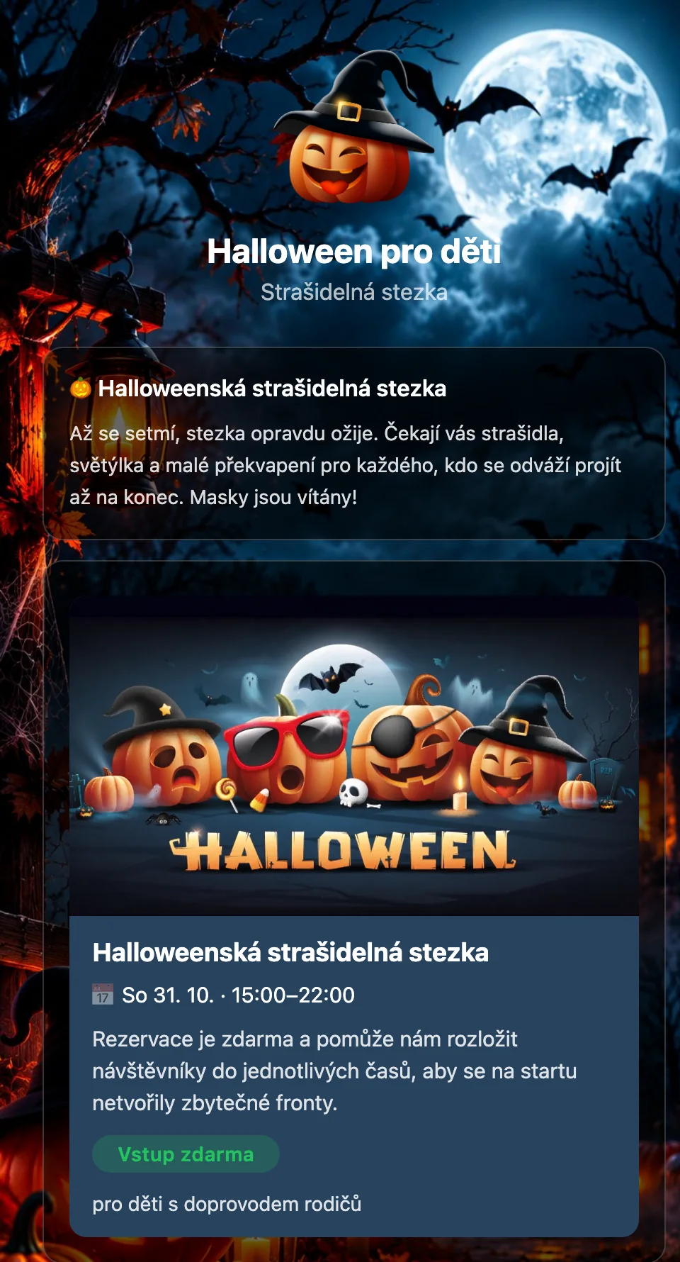 Stránka veruno.site/@strasidelna-stezka na telefonu: Halloween pro děti, termín So 31. 10. a rezervace vstupu zdarma